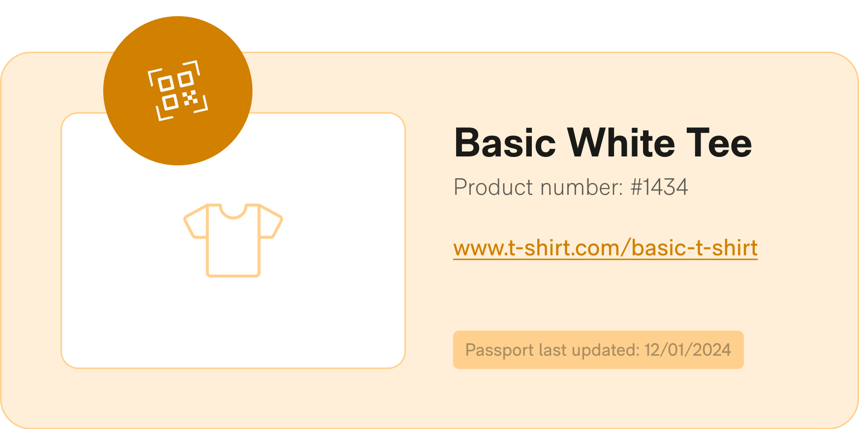 Product card for Basic White Tee with product number 1434 and a URL link to www.t-shirt.com/basic-t-shirt, last updated on 12/01/2024.