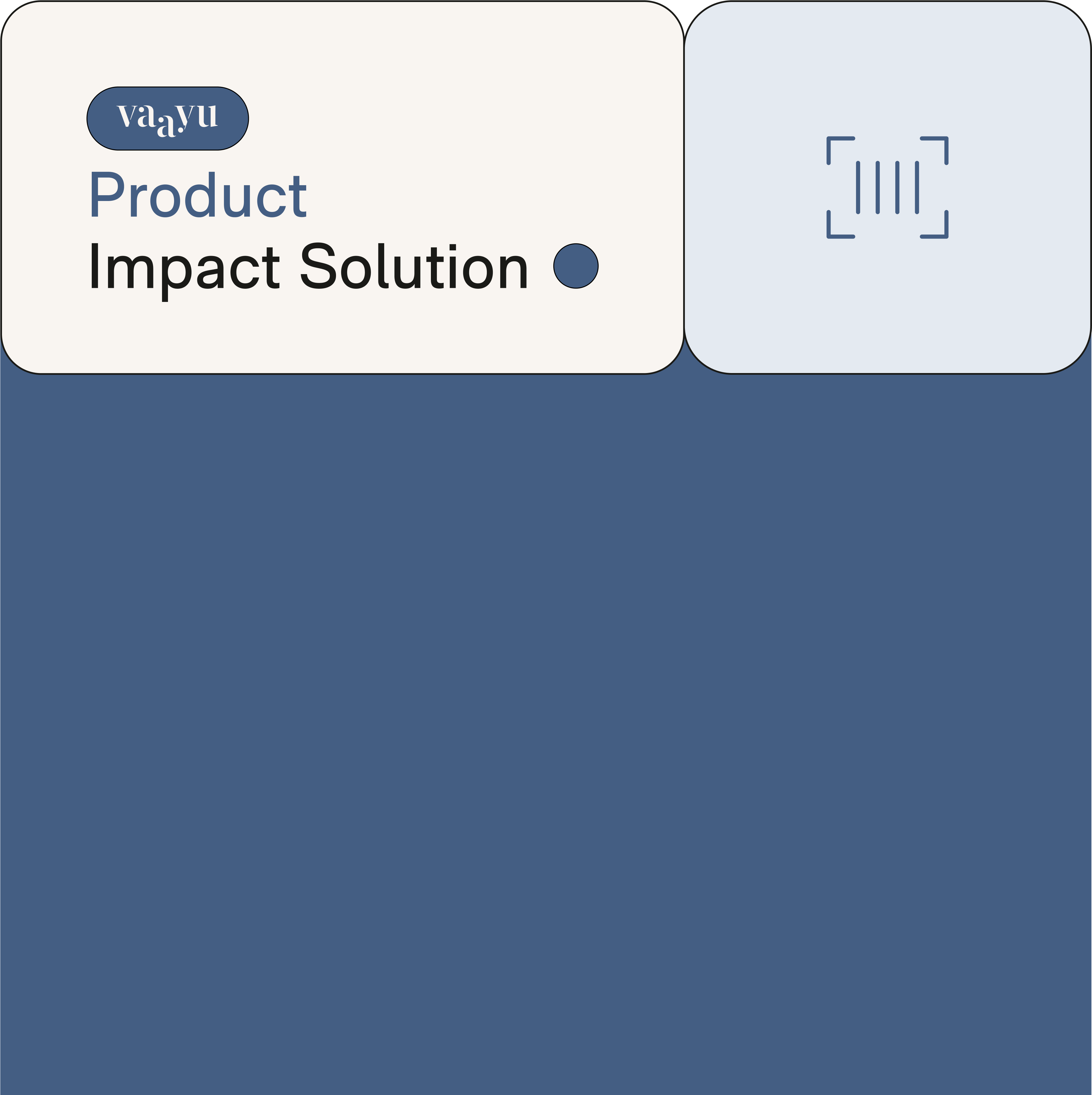 Vaayu branding with text 'Product Impact Solution' and a barcode icon on a blue and off-white background.