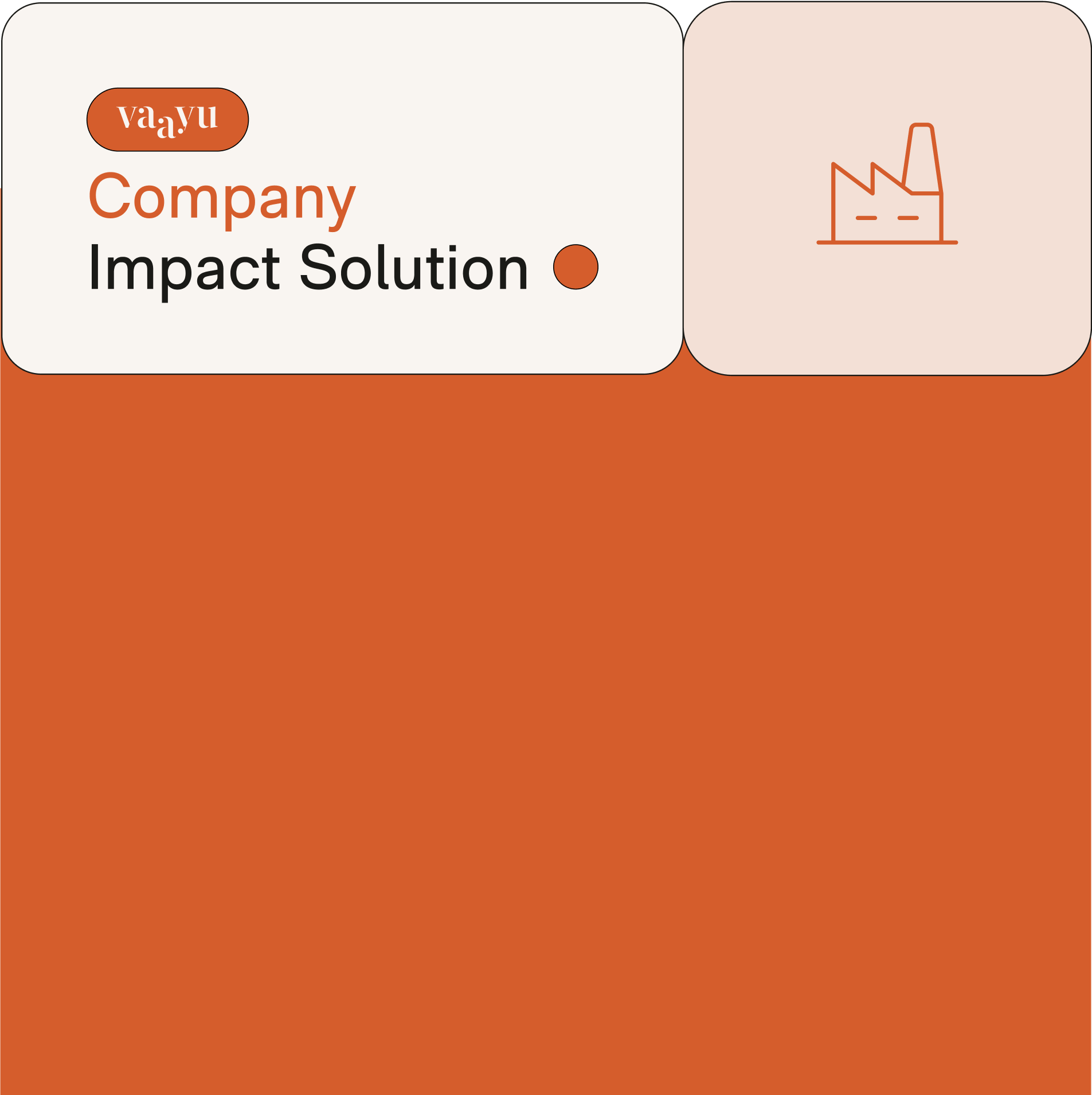 Graphic with the word 'Company Impact Solution' and a small factory icon on a light beige background with orange accents.