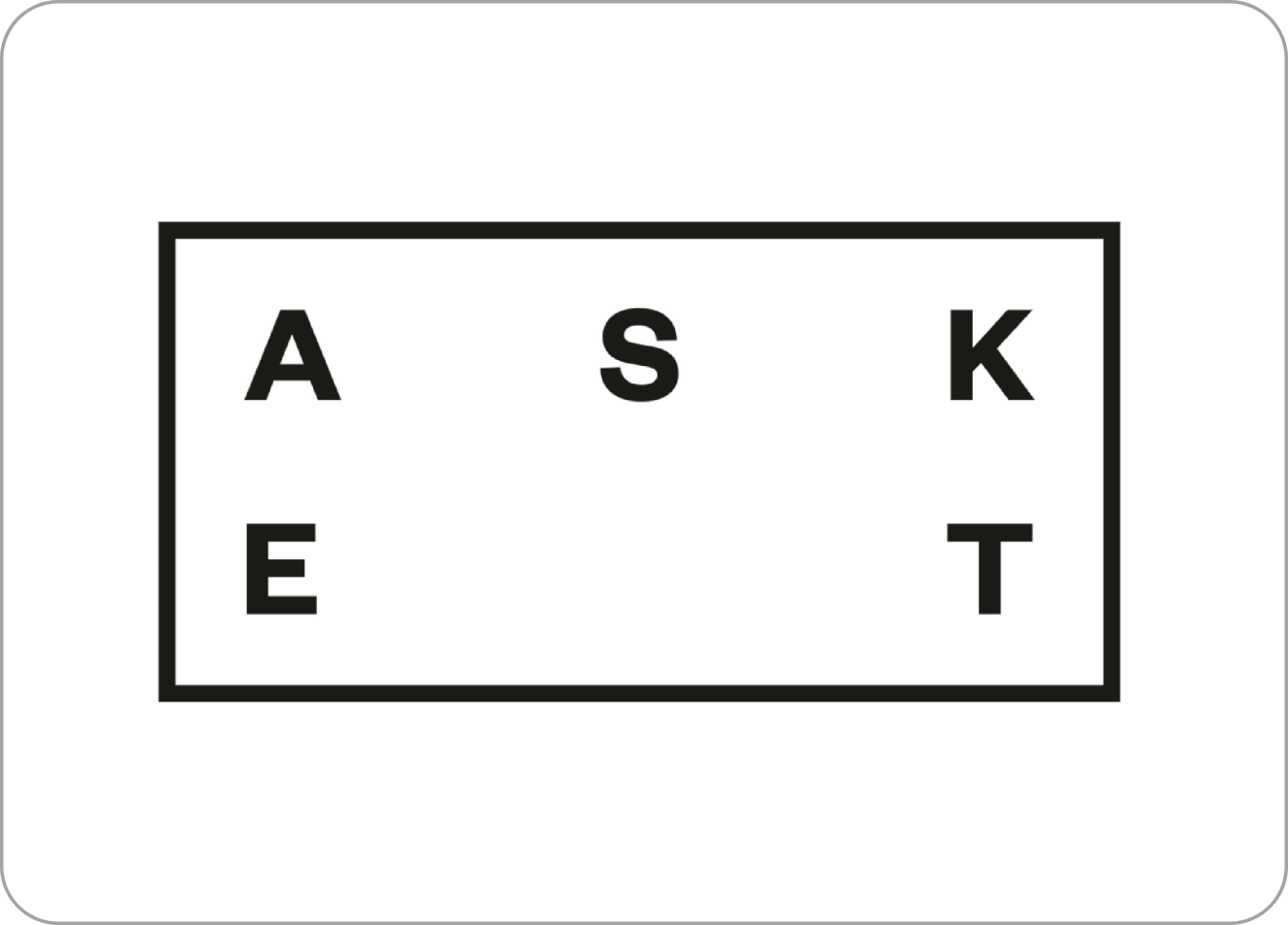 Black rectangular keyboard key with letters A, S, K on top row and E, T on bottom row forming the word ASKET.