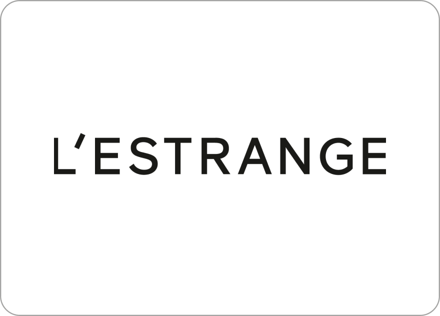 Black rectangular card with rounded corners displaying the word L’ESTRANGE in uppercase letters.