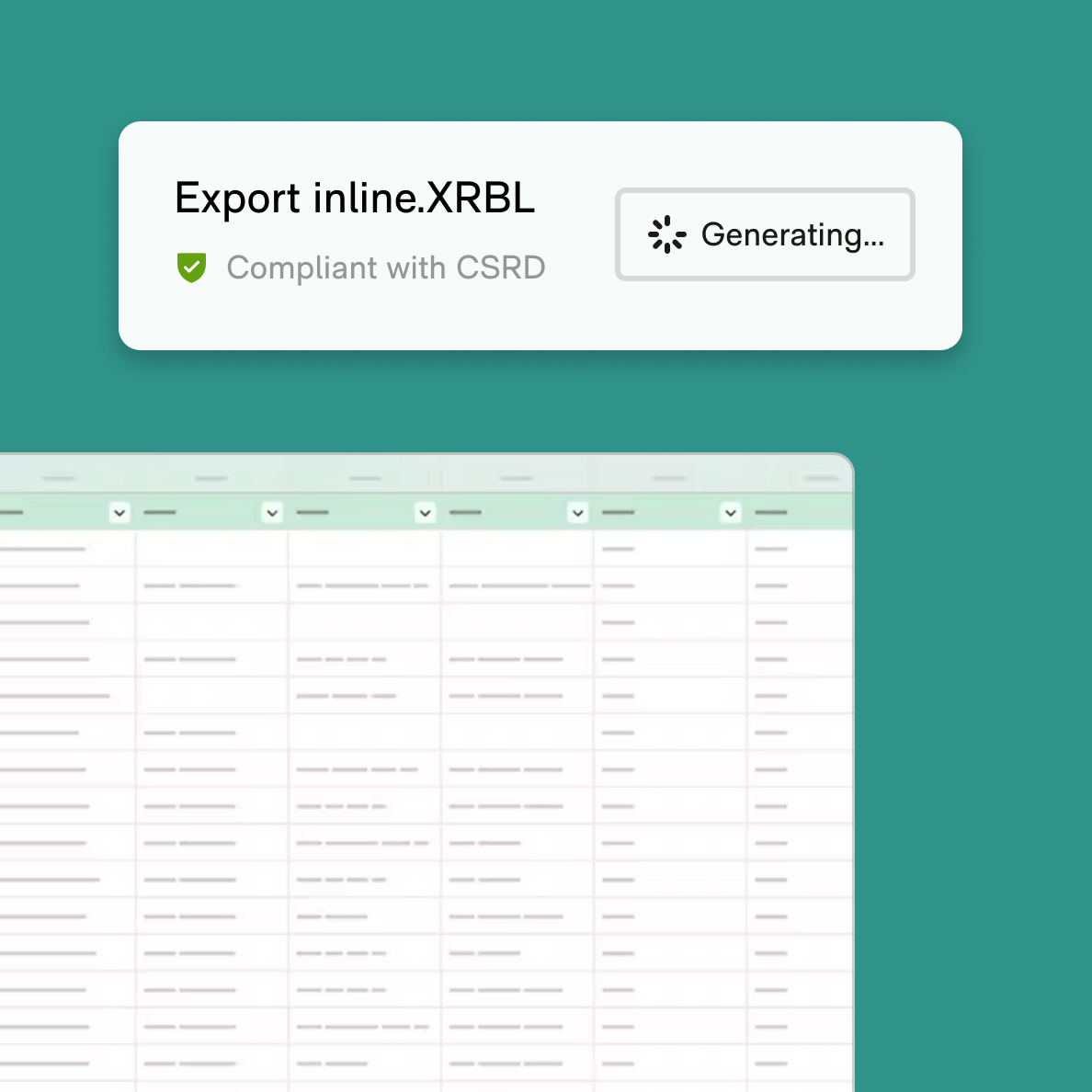 Export inline.XRBL panel showing compliance with CSRD and a loading indicator with Generating message above a blurred spreadsheet.