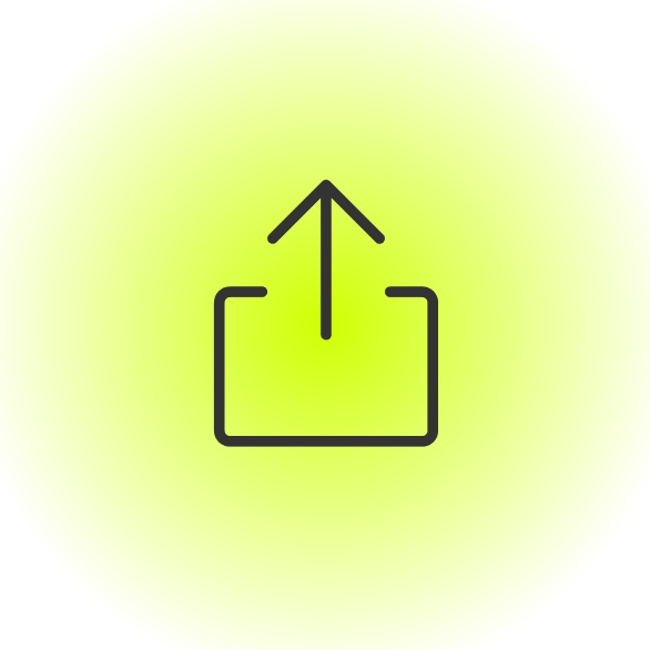 Black upload icon with an upward arrow emerging from a rectangular base on a light green glowing background.