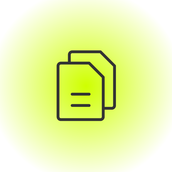Icon of two overlapping documents with lines representing text on a green gradient background.