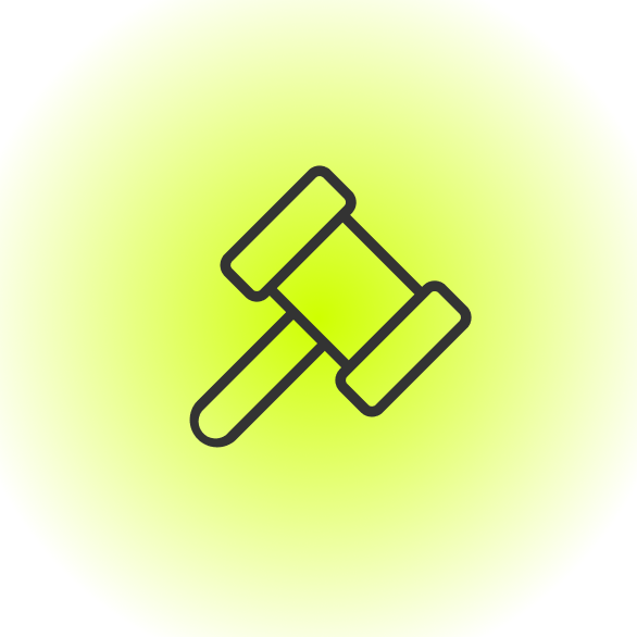 Black gavel icon centered on a bright yellow-green circular gradient background.