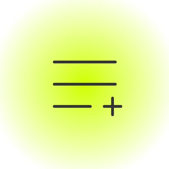 Icon of three horizontal lines with a plus sign at the bottom right, on a green and white gradient background.