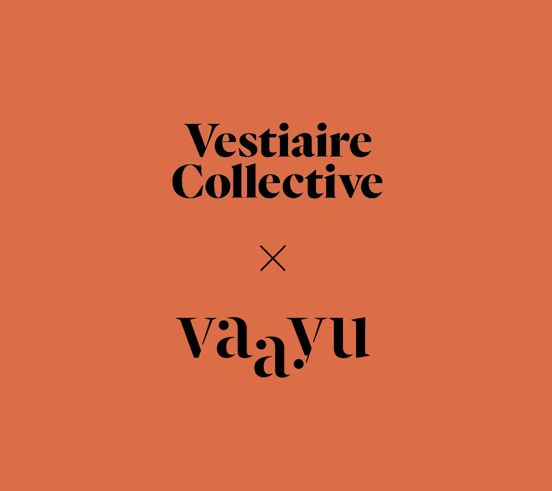 Black text on orange background reading 'Vestiaire Collective × vaayu'.