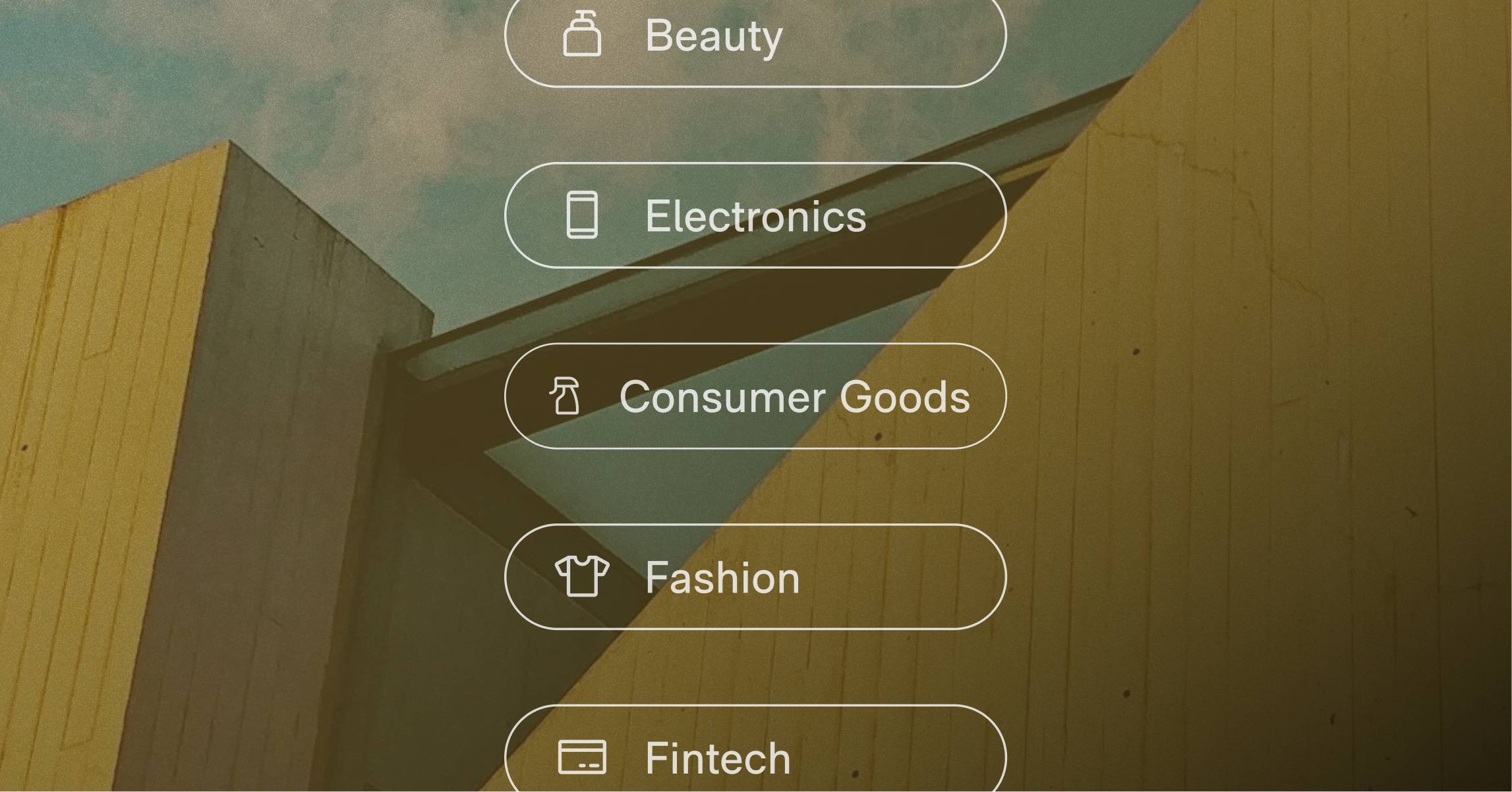 Menu with category buttons labeled Beauty, Electronics, Consumer Goods, Fashion, and Fintech over a yellow and gray building background.
