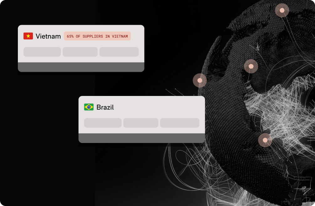 Digital globe with network connections highlighting supply chain locations in Vietnam and Brazil; Vietnam shows 65% of suppliers.