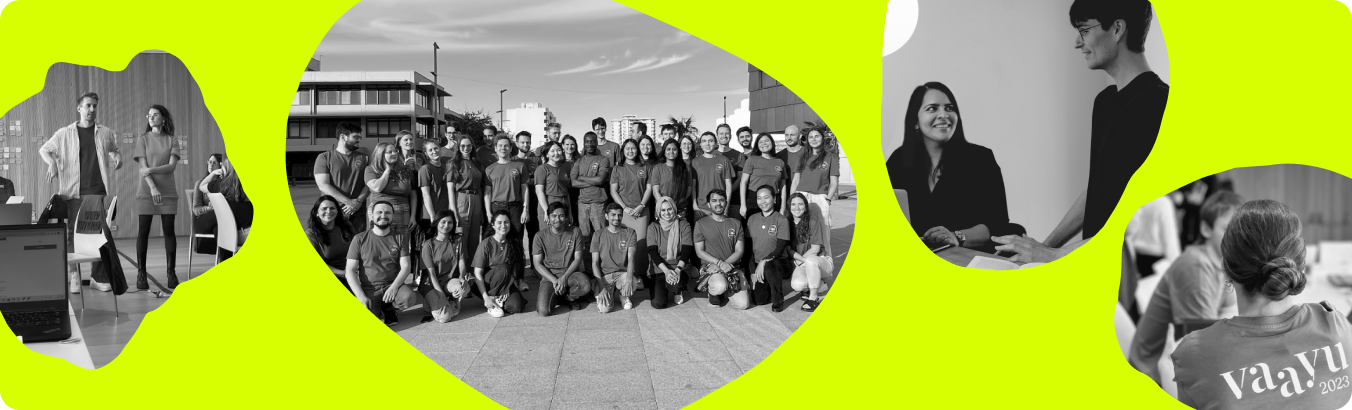 Collage of four black-and-white photos showing a diverse group of people engaging in discussions and a group photo outdoors with members wearing matching shirts.