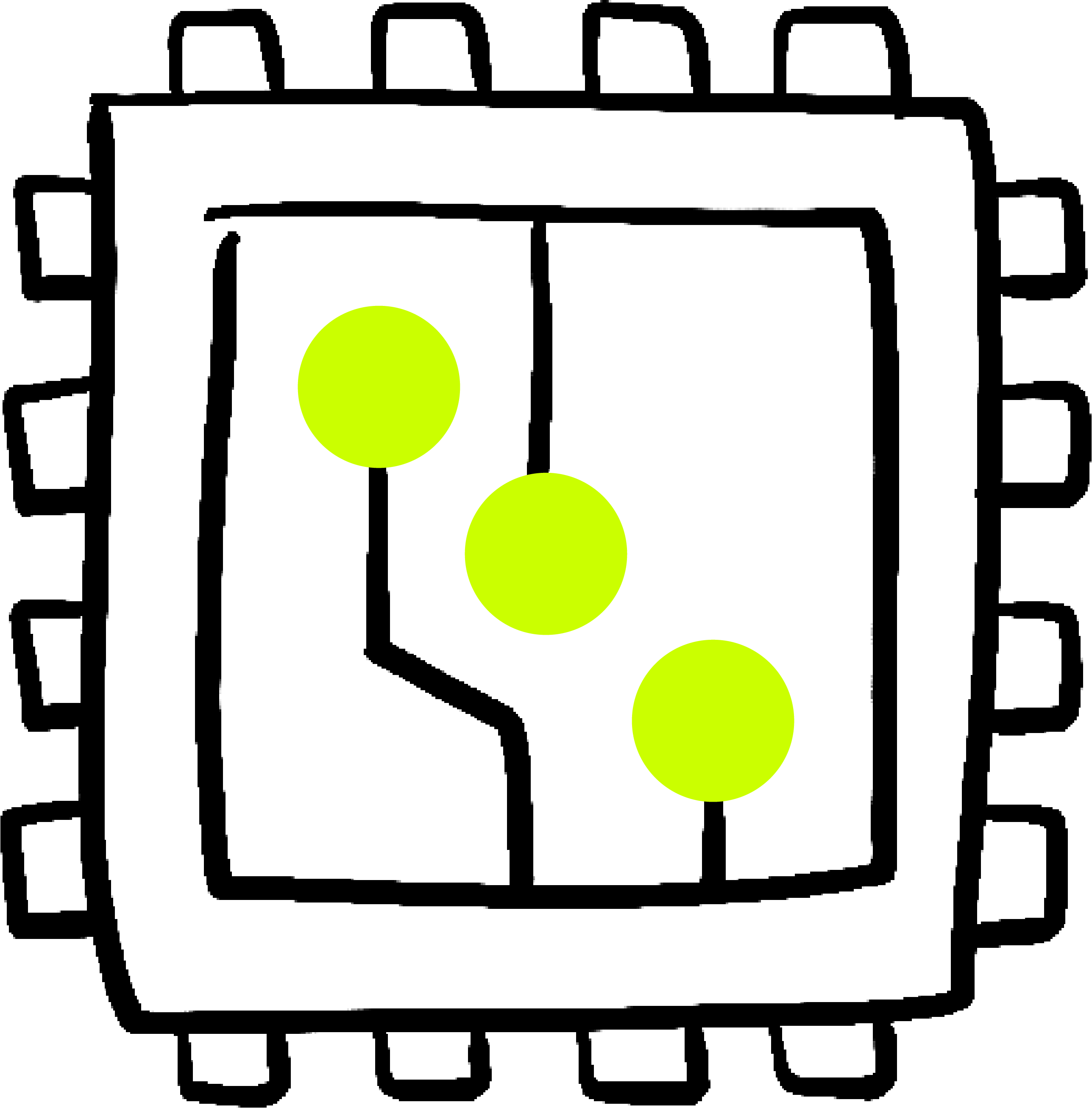 Black circle with three bright green dots connected by black lines forming a diagonal path inside.