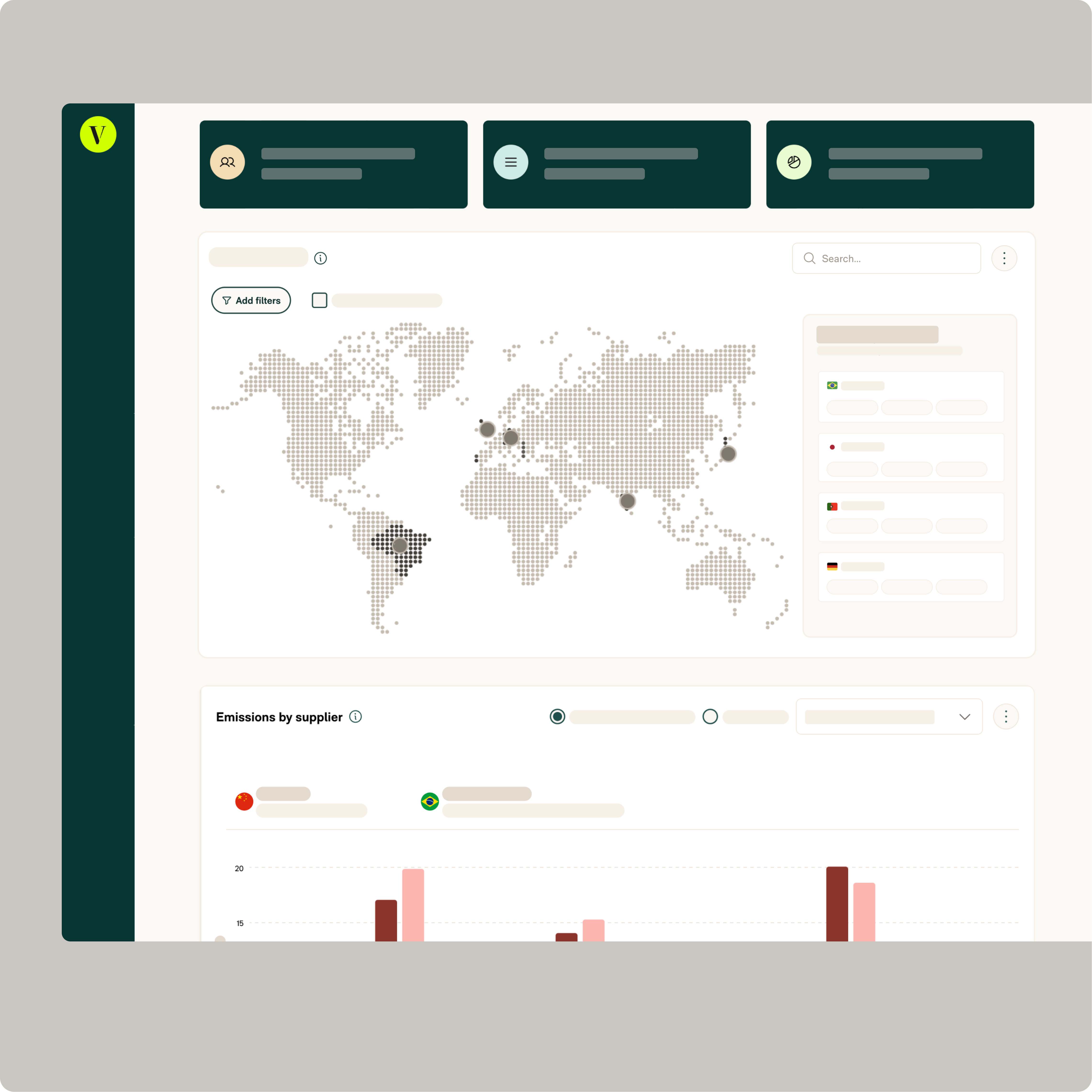 Dashboard showing a world map with highlighted regions and a bar chart of emissions by supplier with country flags and data filters.