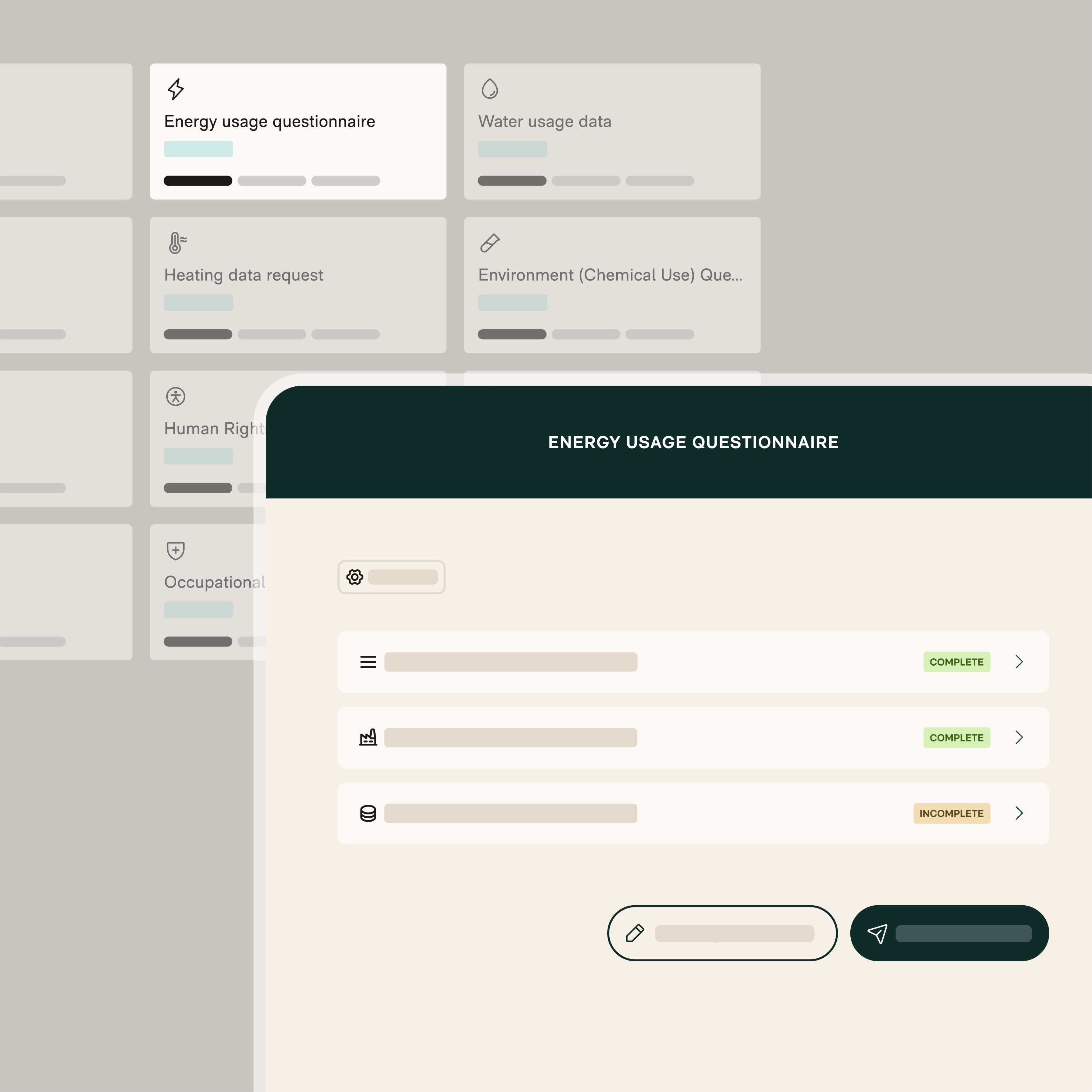 Screen showing an energy usage questionnaire with three listed items marked as complete or incomplete and input fields for user interaction.