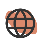 Simple globe icon with a black grid over an orange abstract shape background.
