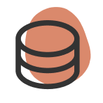 Icon of a black database stack with three disks over an orange abstract background shape.