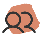 Icon of two simplified human figures with an abstract reddish background shape.
