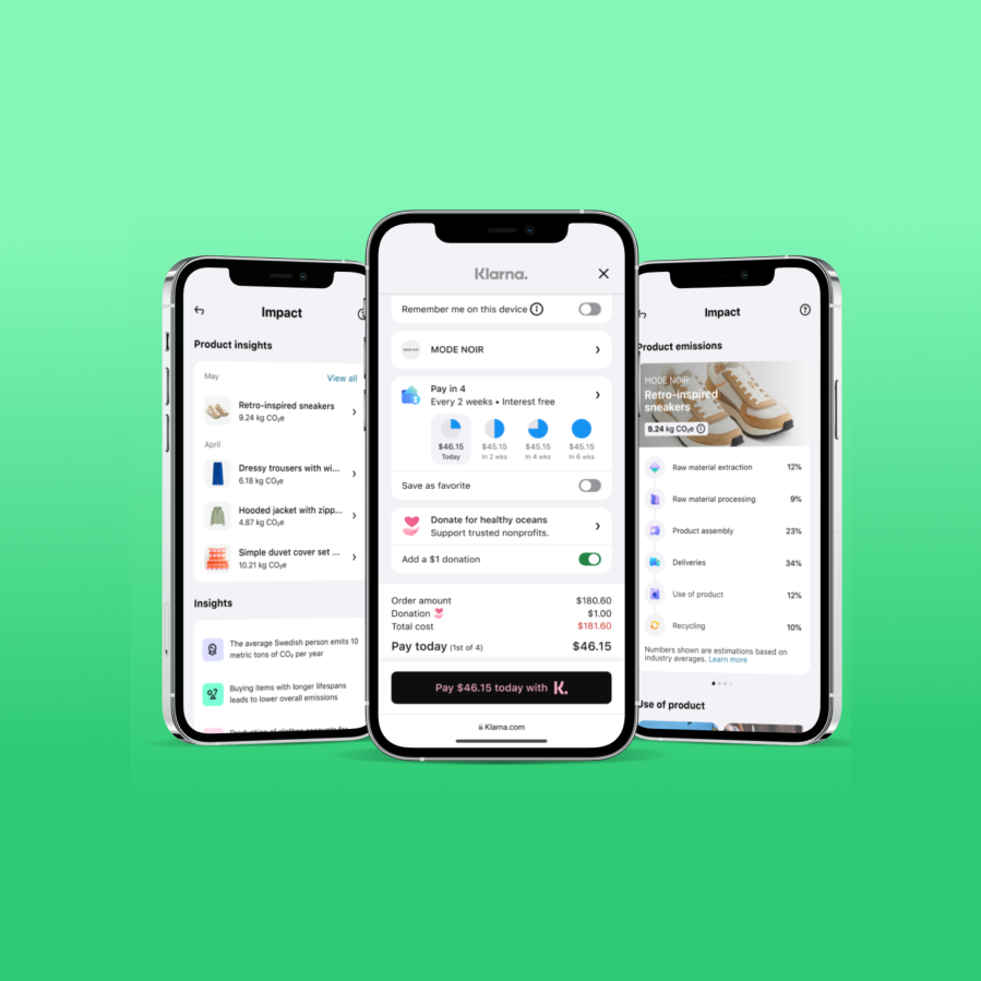 Three smartphones displaying Klarna app screens showing product impact insights, payment options including pay in 4 interest-free installments, and detailed carbon footprint breakdown for retro-inspired sneakers.