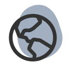 Black outlined globe icon with continents, over a muted blue abstract shape background.