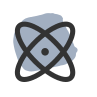 Stylized atomic model icon with three elliptical orbits around a central dot on a blue irregular shape background.