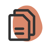 Icon of two overlapping documents with horizontal lines representing text, set against a rounded orange background shape.