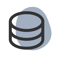 Icon of a three-layer database cylinder with a blue abstract background shape.