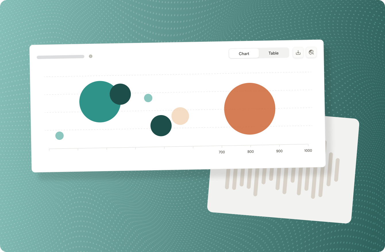 Dashboard bubble chart with various sized and colored circles representing data points, with options to switch to table view and download.