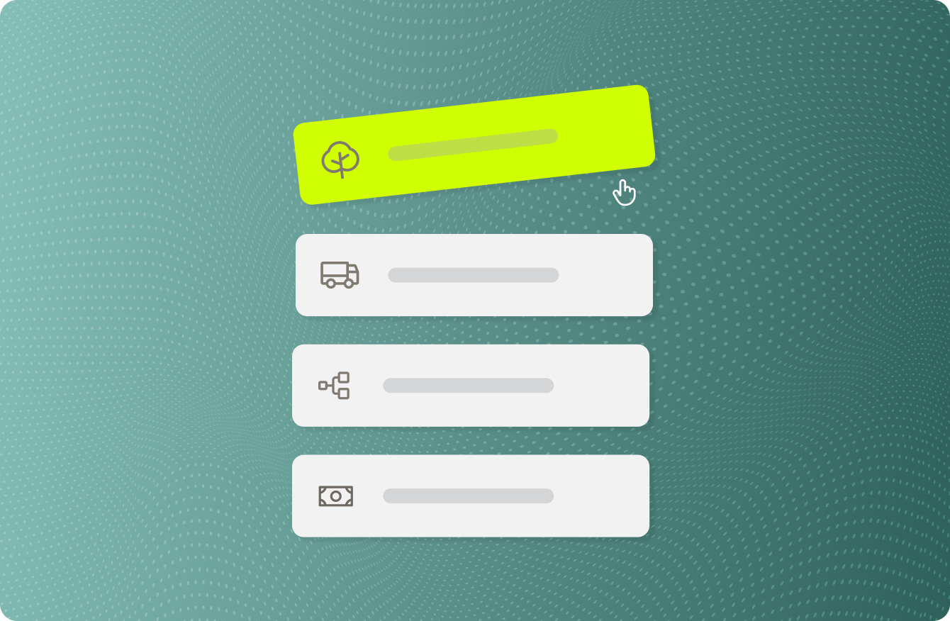 User interface with four horizontally aligned buttons featuring icons of a leaf, delivery truck, network, and money on a green dotted wave background.