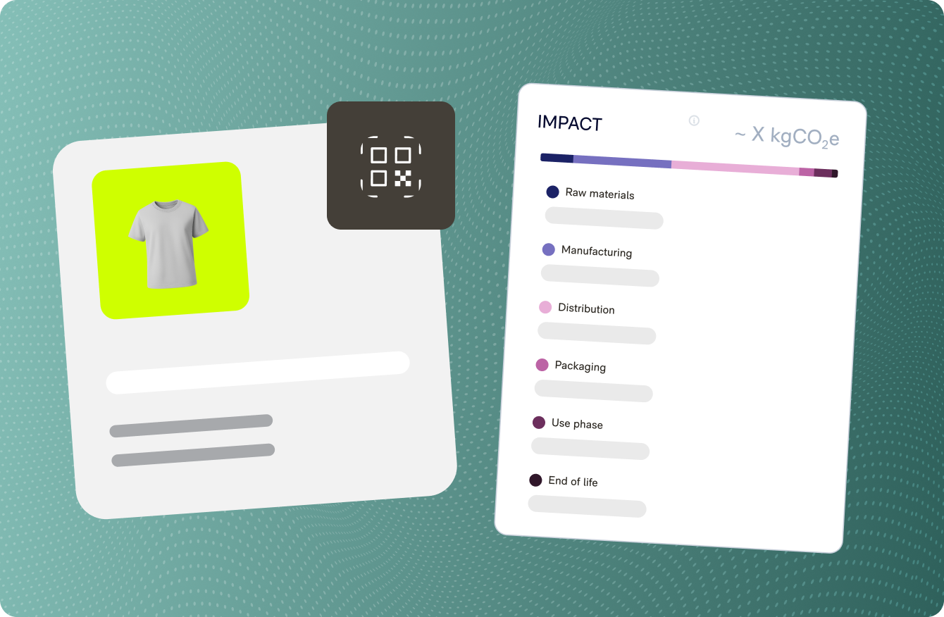 Illustration of a clothing product card with a gray t-shirt image, a QR code icon, and a carbon impact chart showing stages from raw materials to end of life with colored bars.