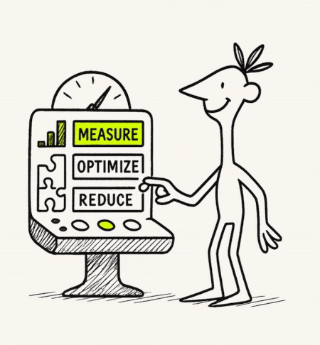 Cartoon figure standing next to a device with buttons labeled Measure, Optimize, and Reduce, pressing the Optimize button.