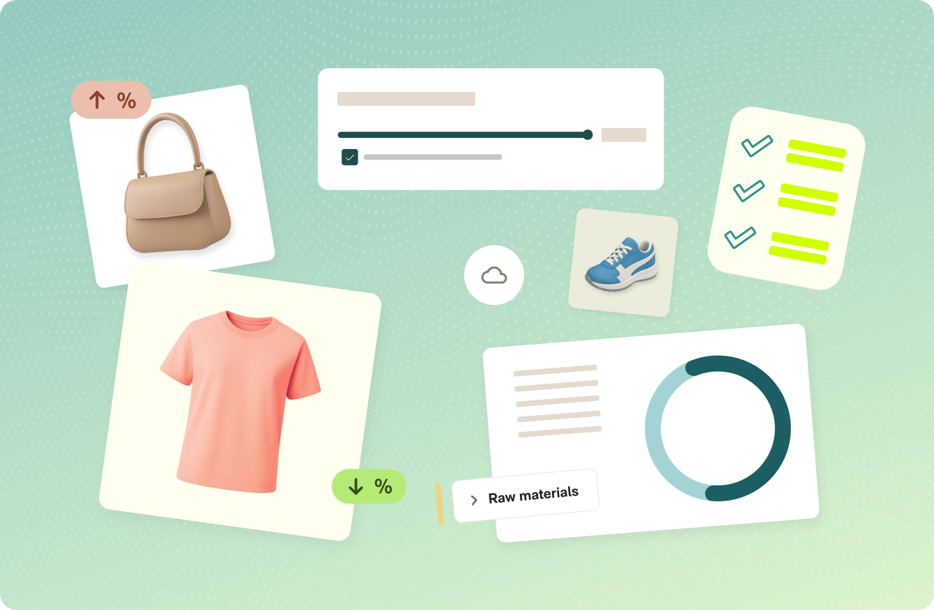 Digital collage showing a beige handbag, coral t-shirt with percentage change icons, a blue sneaker, checklists, a progress bar, and a pie chart labeled Raw materials on a green dotted background.