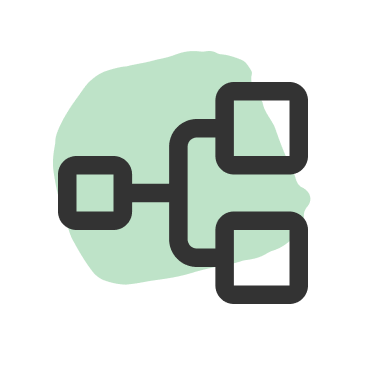 Flowchart icon with one square on the left connected to two squares on the right, set against a light green abstract shape.