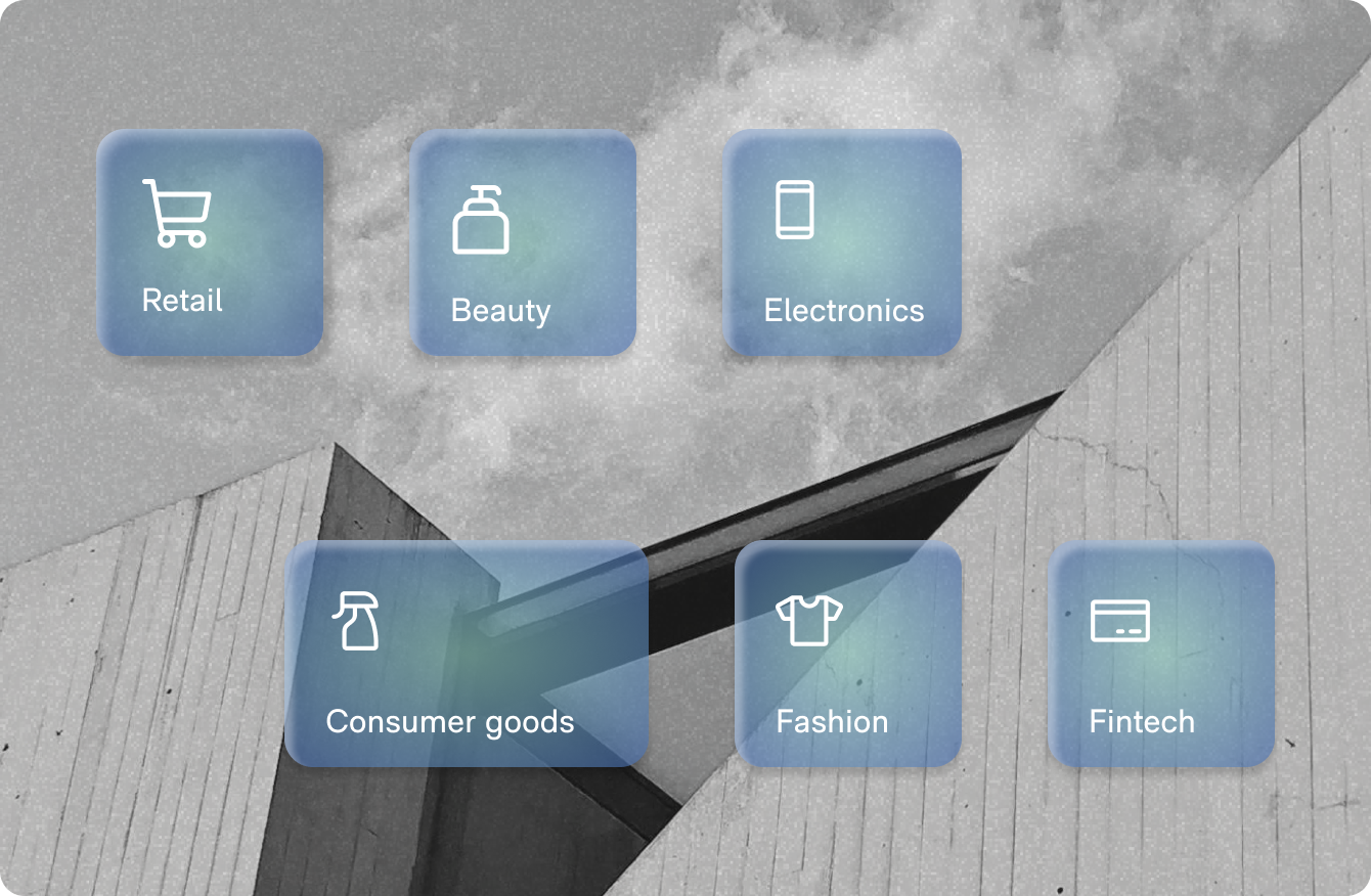 Illustrated icons representing Retail, Beauty, Electronics, Consumer goods, Fashion, and Fintech sectors over a grayscale abstract architectural background.