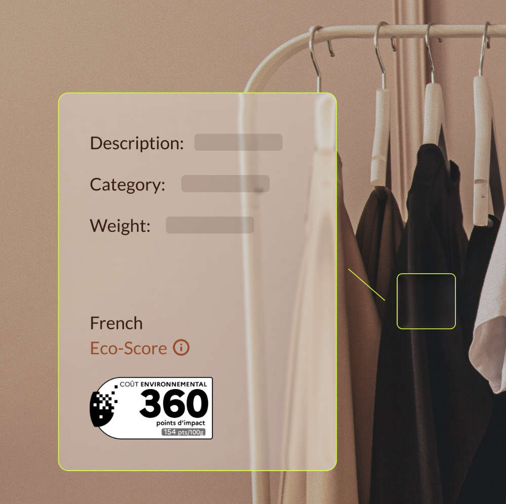 Garment Eco-Score label hanging on a clothing rack, showing a French environmental impact score of 360 points.